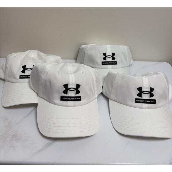 Under Armour UA Free Fit White Strapback Hats OSFM Lot of 4 NWT Logo Golf Caps - Picture 1 of 10